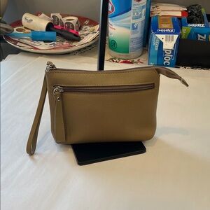 Valentina Italy Pebbled Leather Zip Wristlet Clutch Neutral Taupe